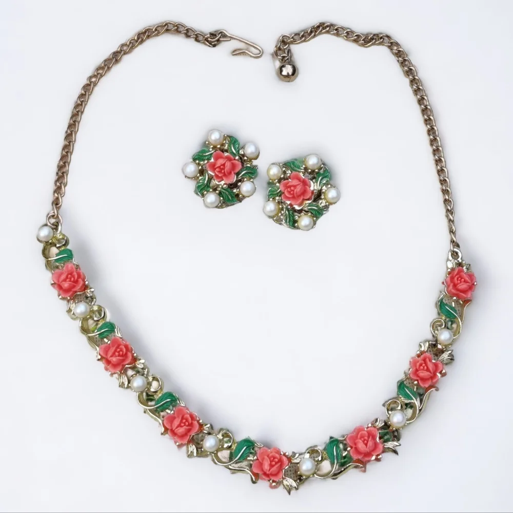 Vintage Coral Rose and Pearl Necklace with Matching Earrings
